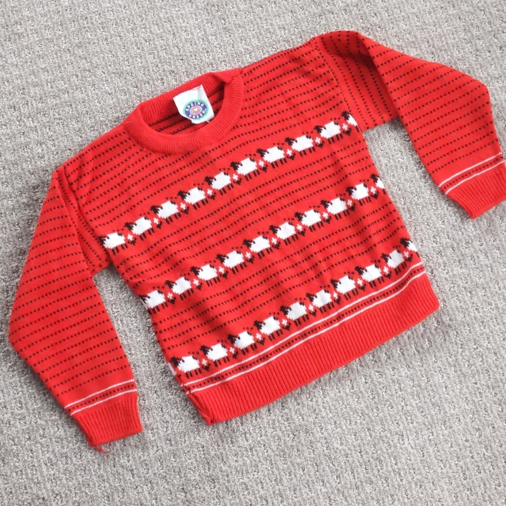 ADORABLE Vintage Kids Red/White Sheep Knit Sweater, Size 5-7 🐑♥️